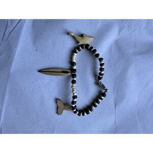 VTG Natural Wooden Wood Beaded Surfer BLACK TAN Bracelet Dolphin Shark Tail Surf